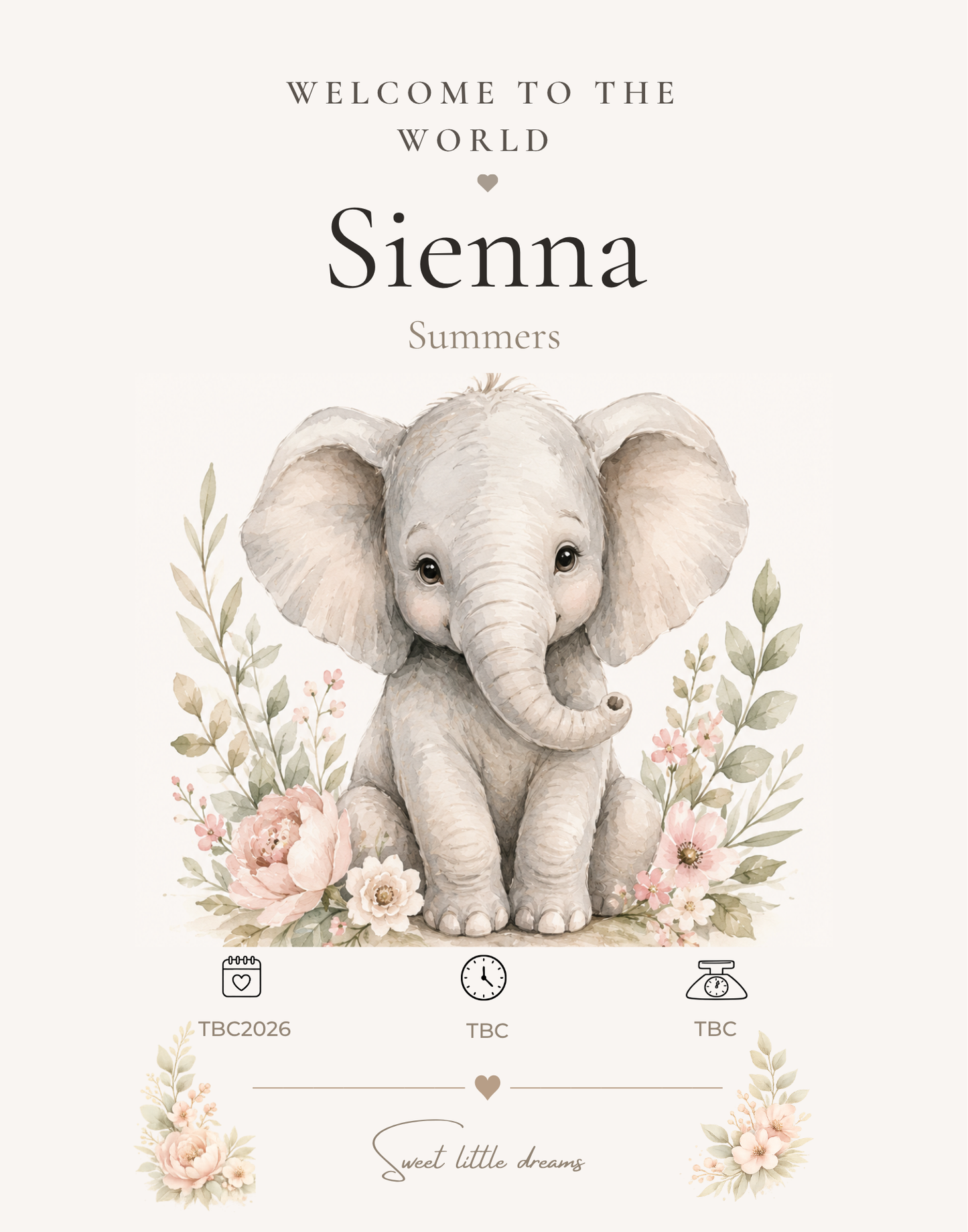 Personalised Elephant Birth Statistics Print | Framed Nursery Wall Art
