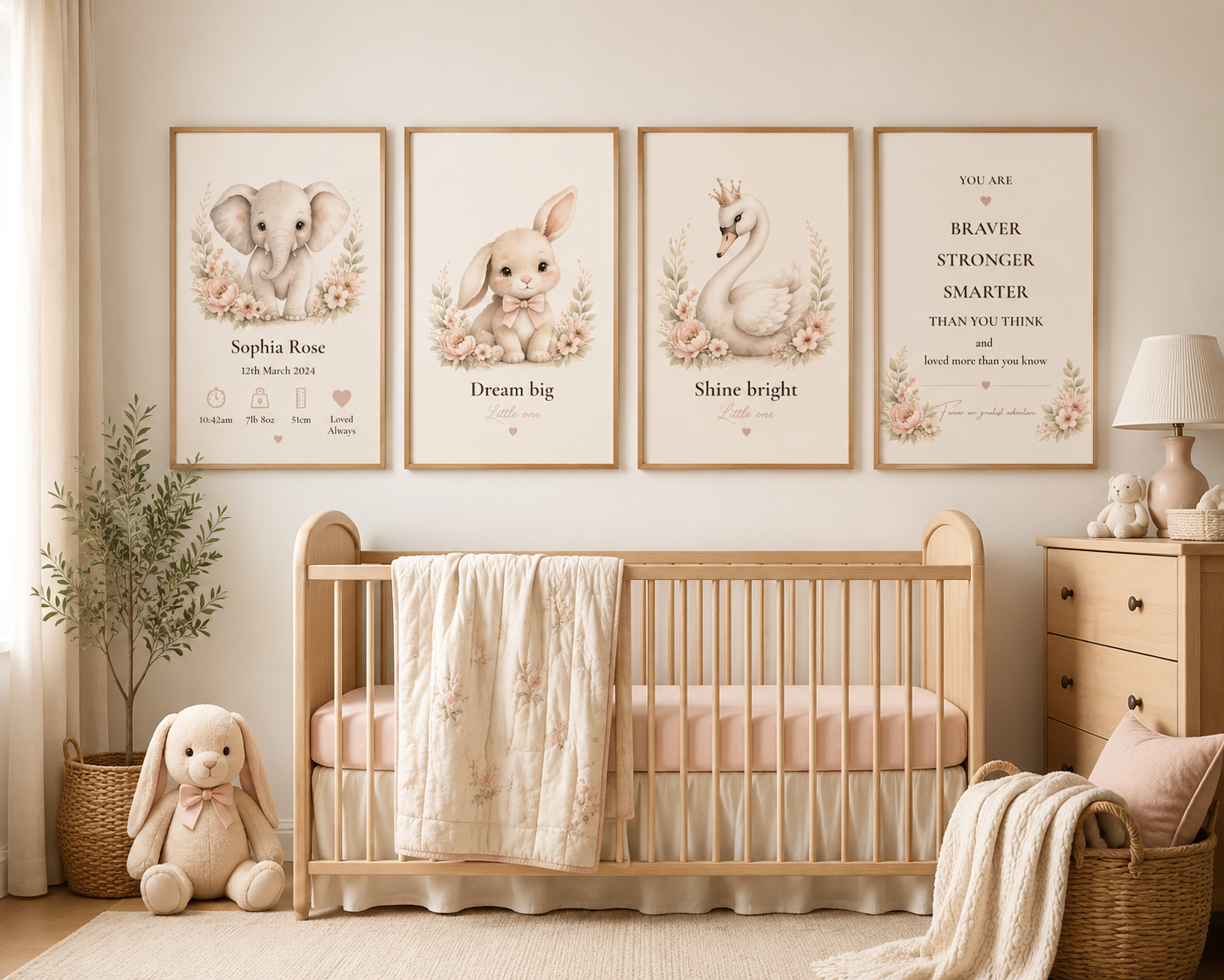 Personalised Elephant Birth Statistics Print | Framed Nursery Wall Art