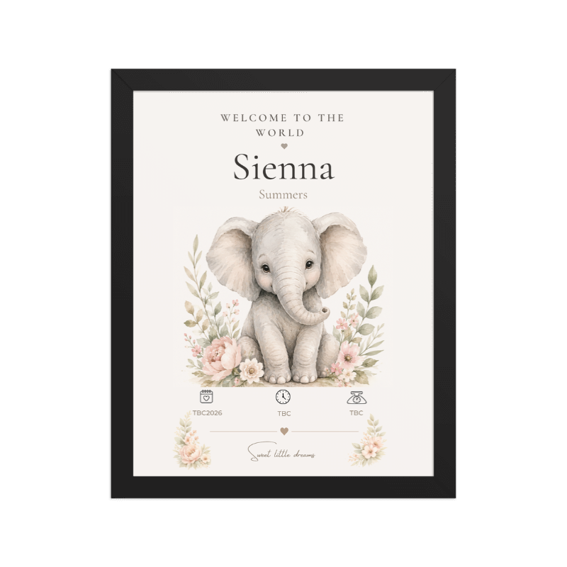 Personalised Elephant Birth Statistics Print | Framed Nursery Wall Art