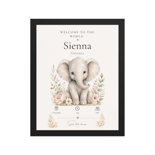 Personalised Elephant Birth Statistics Print | Framed Nursery Wall Art