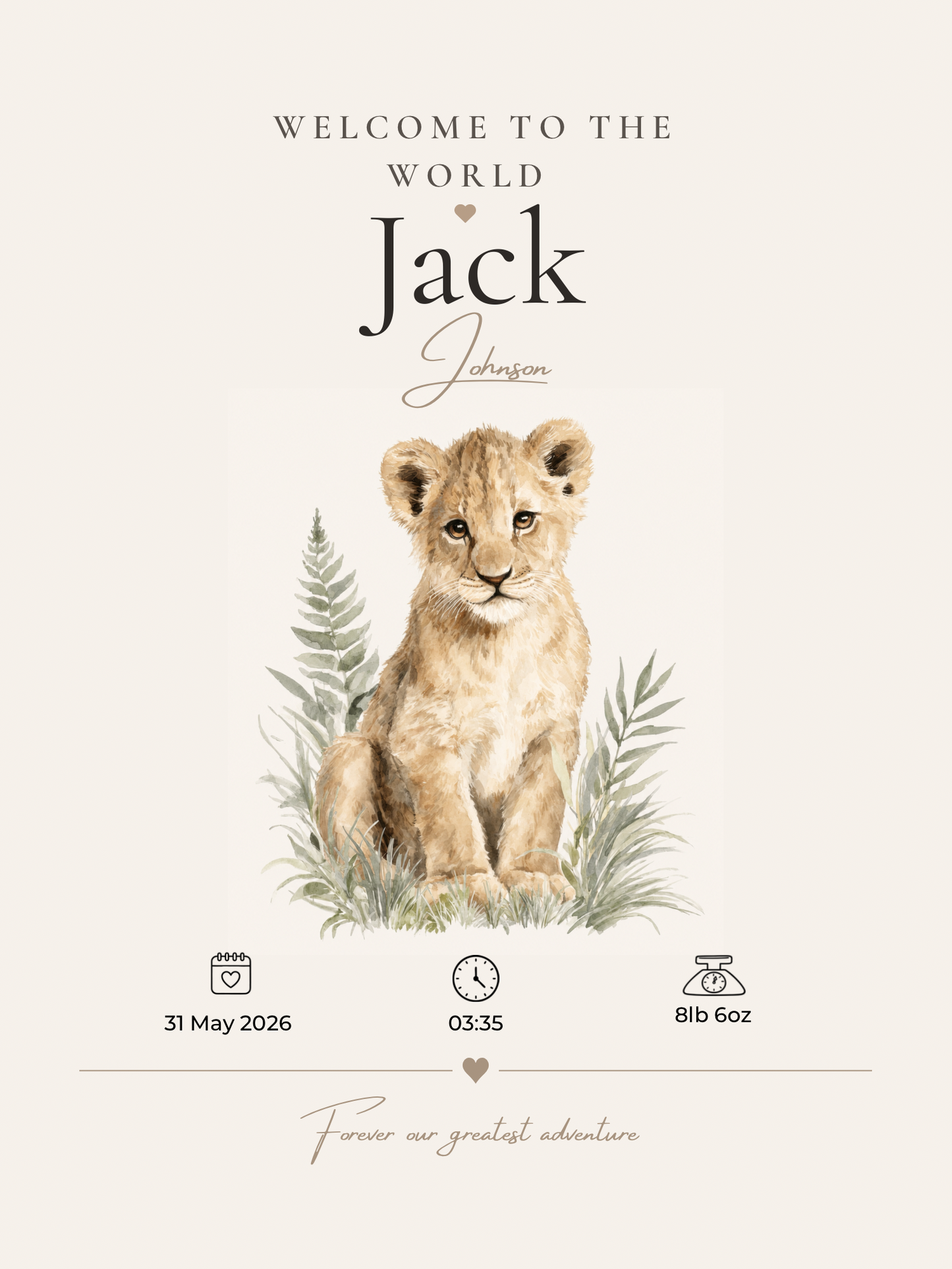 Personalised Lion Birth Stat Print | Safari Nursery Wall Art