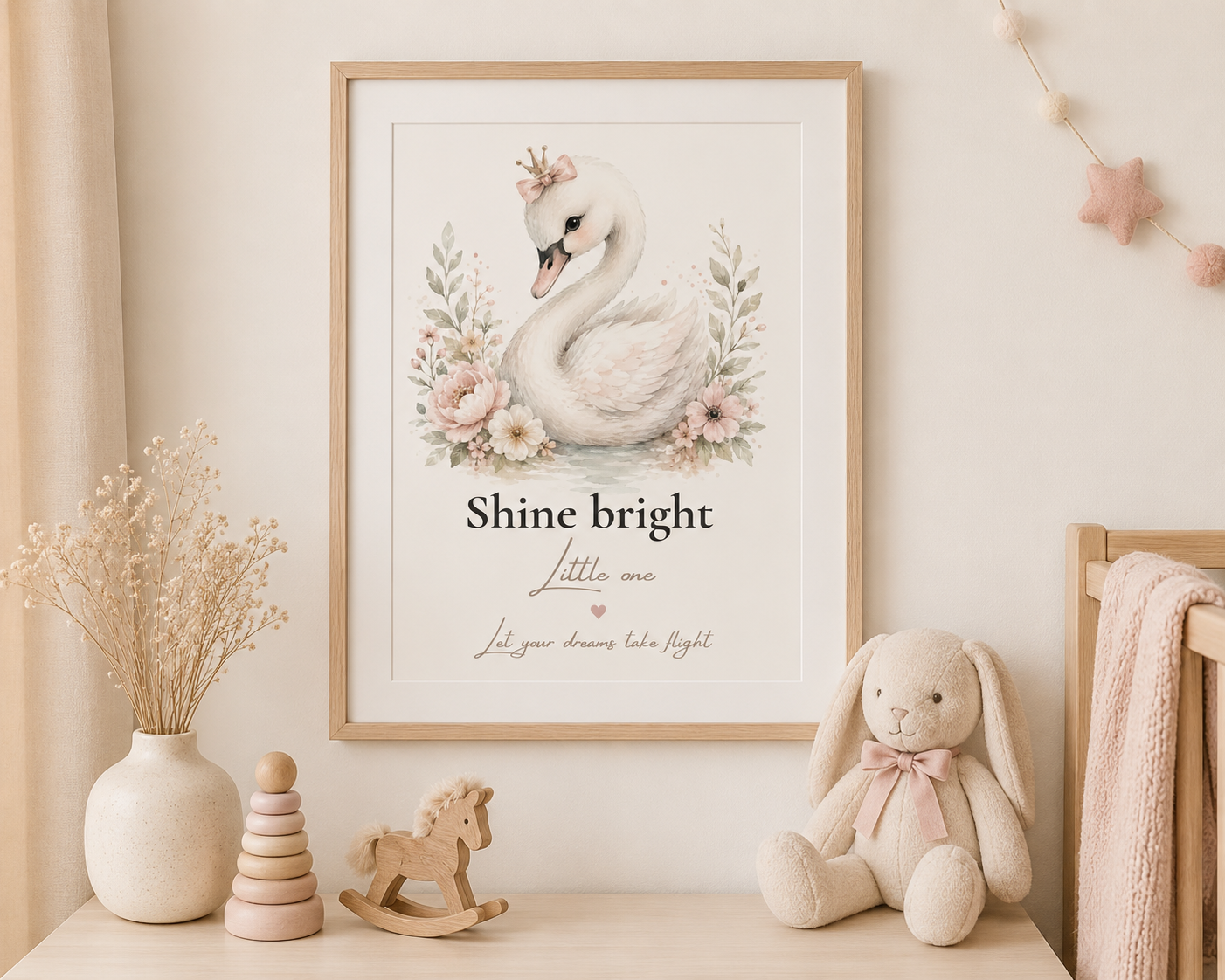 Inspirational Swan nursery print in a neutral nursery with oak frame  