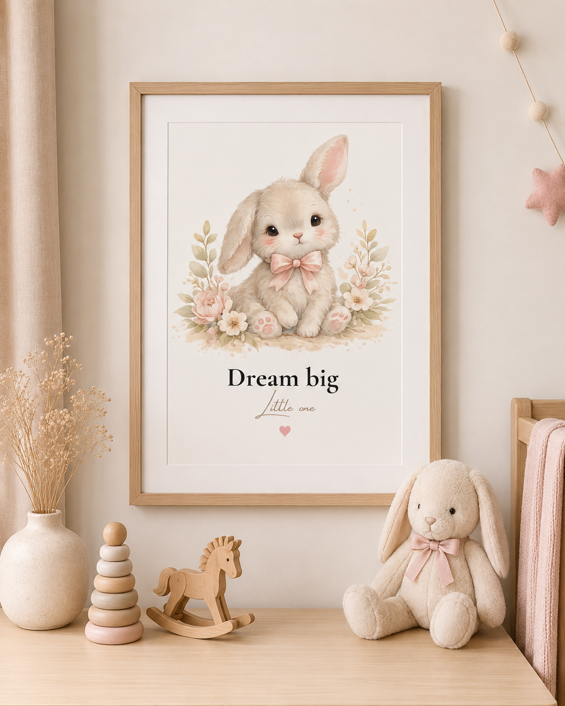 Personalised bunny nursery print in a neutral nursery with oak frame  