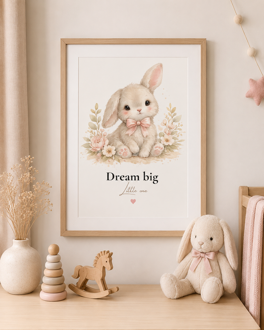 Personalised bunny nursery print in a neutral nursery with oak frame  