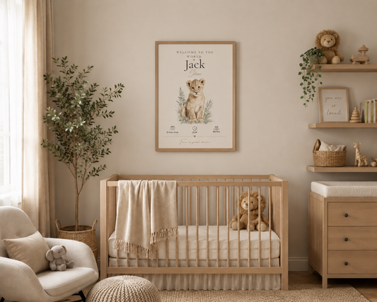 Personalised lion nursery print in a neutral nursery with oak frame 
