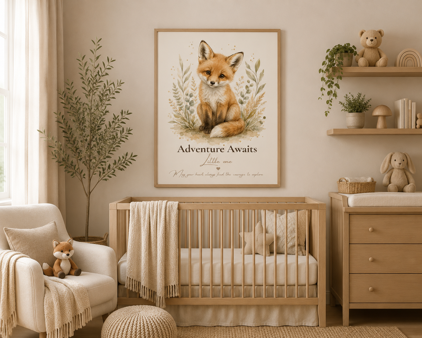 Adventure Awaits Little One woodland fox nursery print in natural wooden frame with watercolour fox illustration and neutral botanical details.