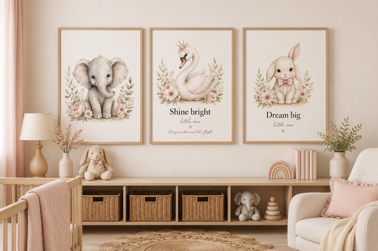Blush Dreams Nursery Print Set | 3 Framed Neutral Nursery Prints for Baby Girls