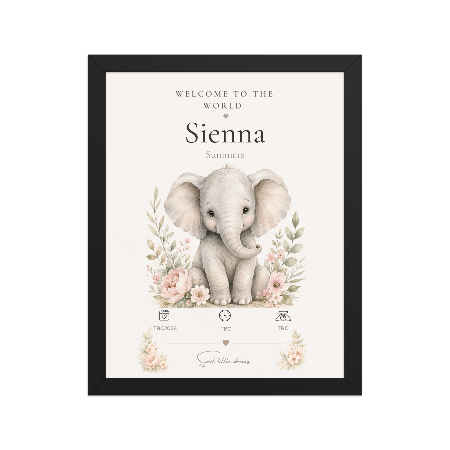 Personalised Elephant Birth Statistics Print | Framed Nursery Wall Art
