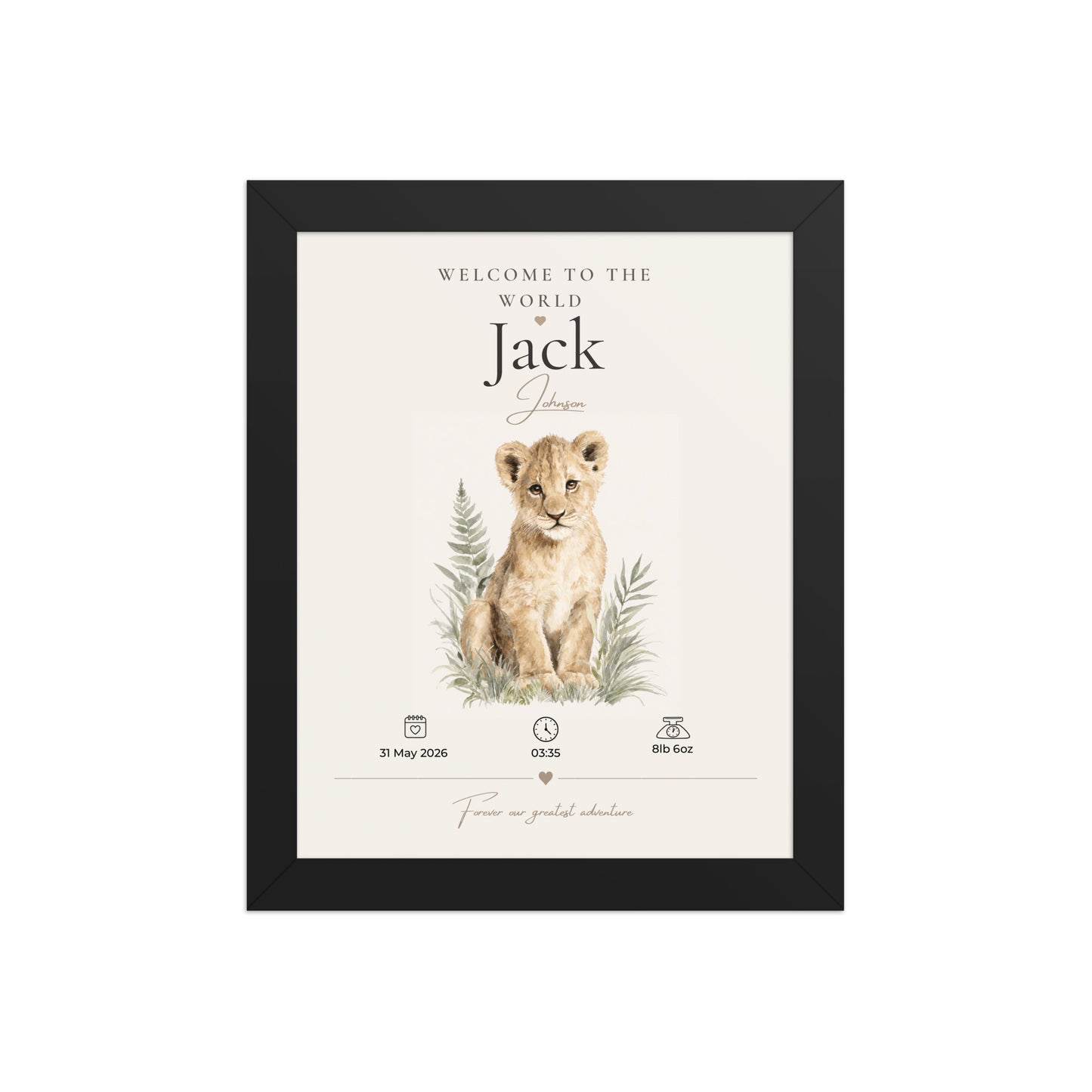 Personalised Lion Birth Stat Print | Safari Nursery Wall Art