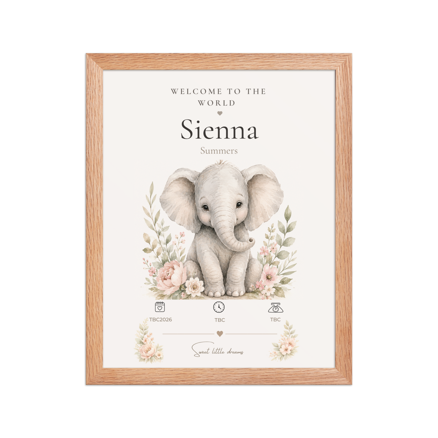 Personalised Elephant Birth Statistics Print | Framed Nursery Wall Art