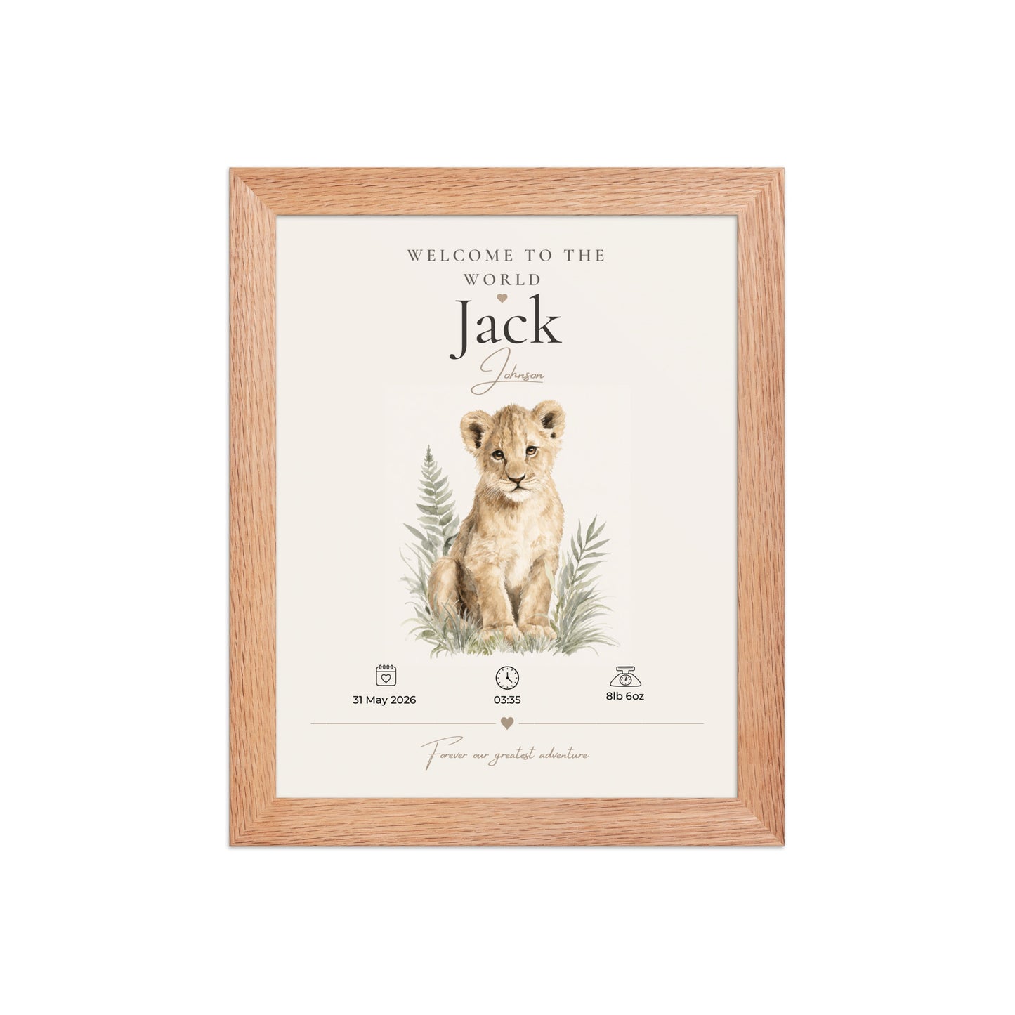 Personalised Lion Birth Stat Print | Safari Nursery Wall Art
