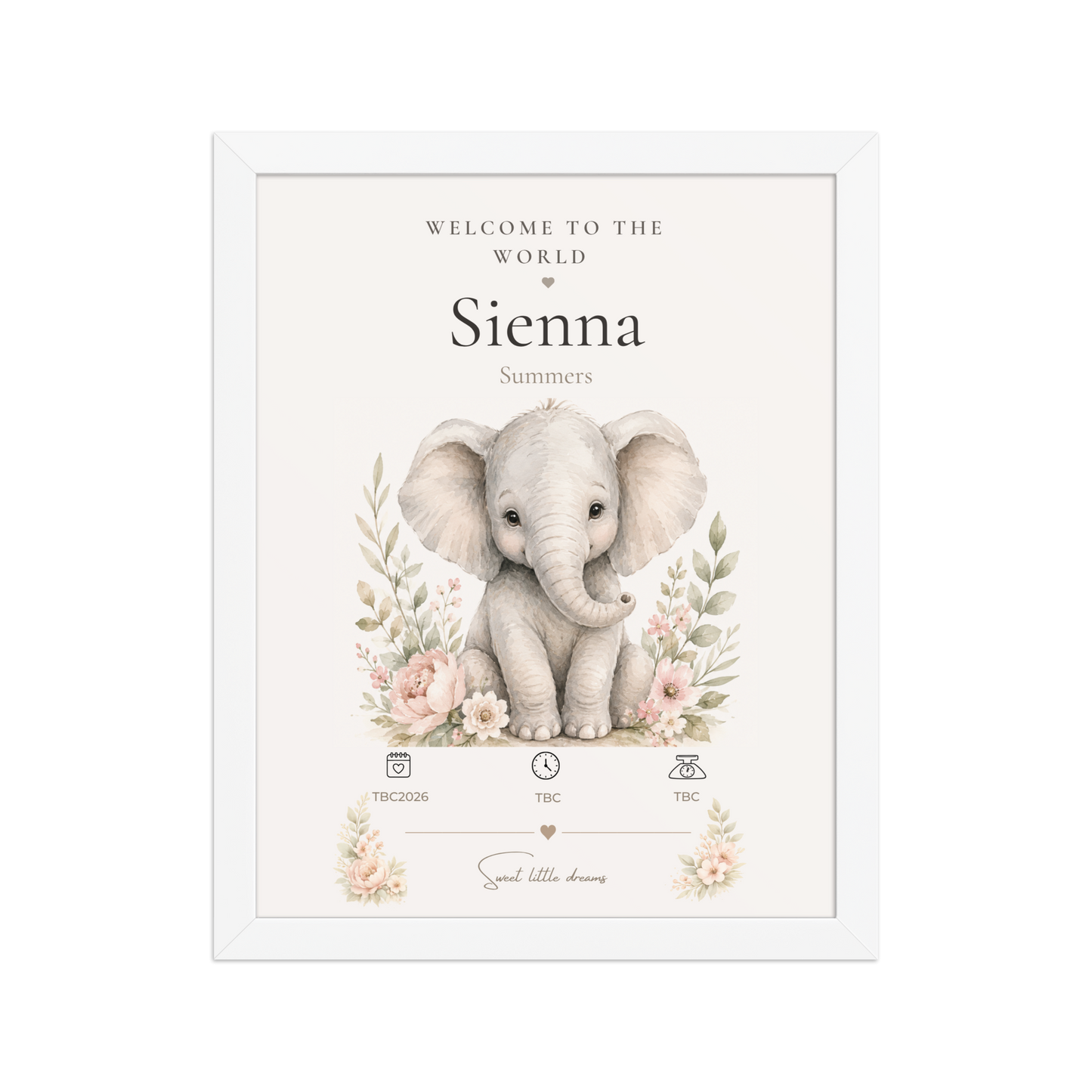 Personalised Elephant Birth Statistics Print | Framed Nursery Wall Art