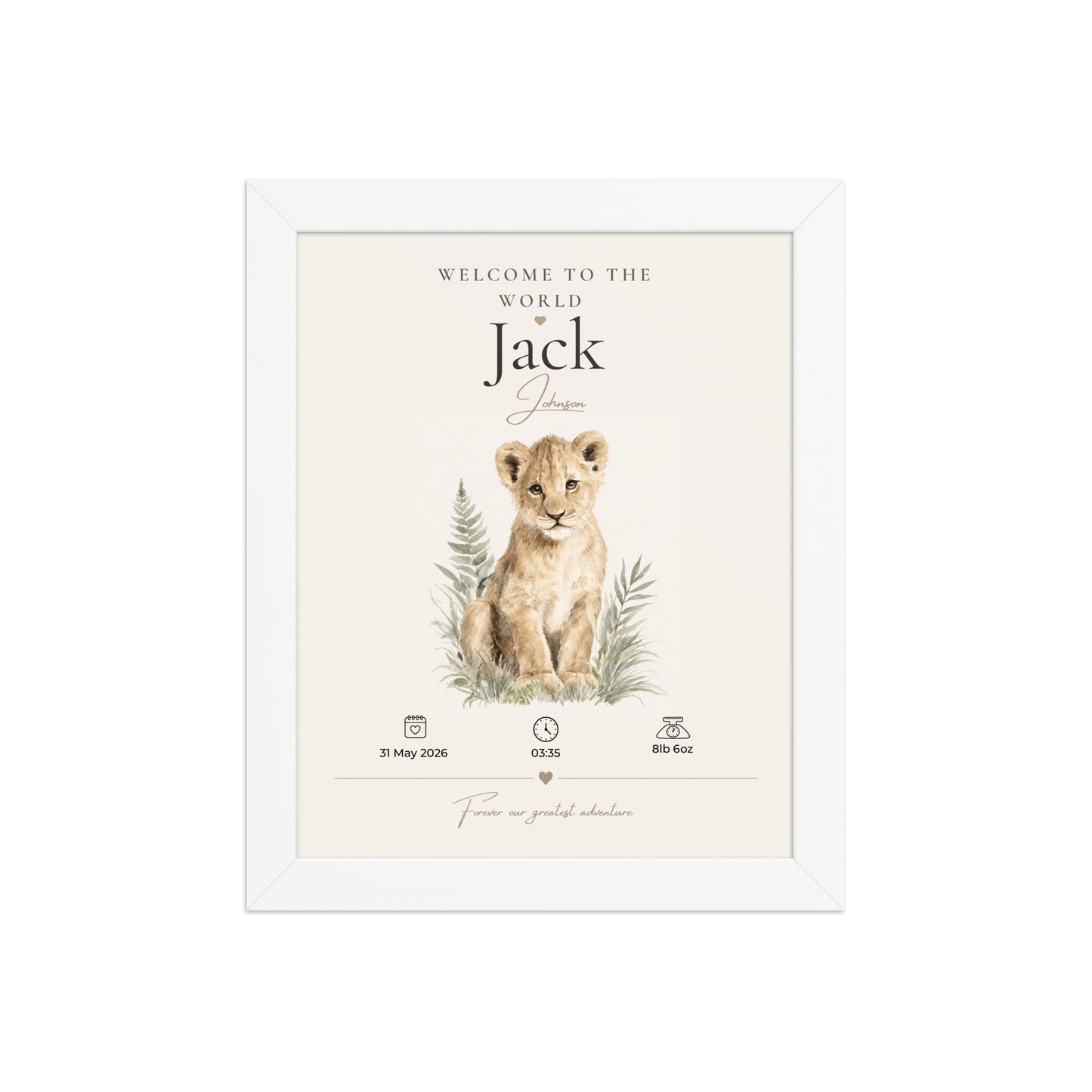 Personalised Lion Birth Stat Print | Safari Nursery Wall Art