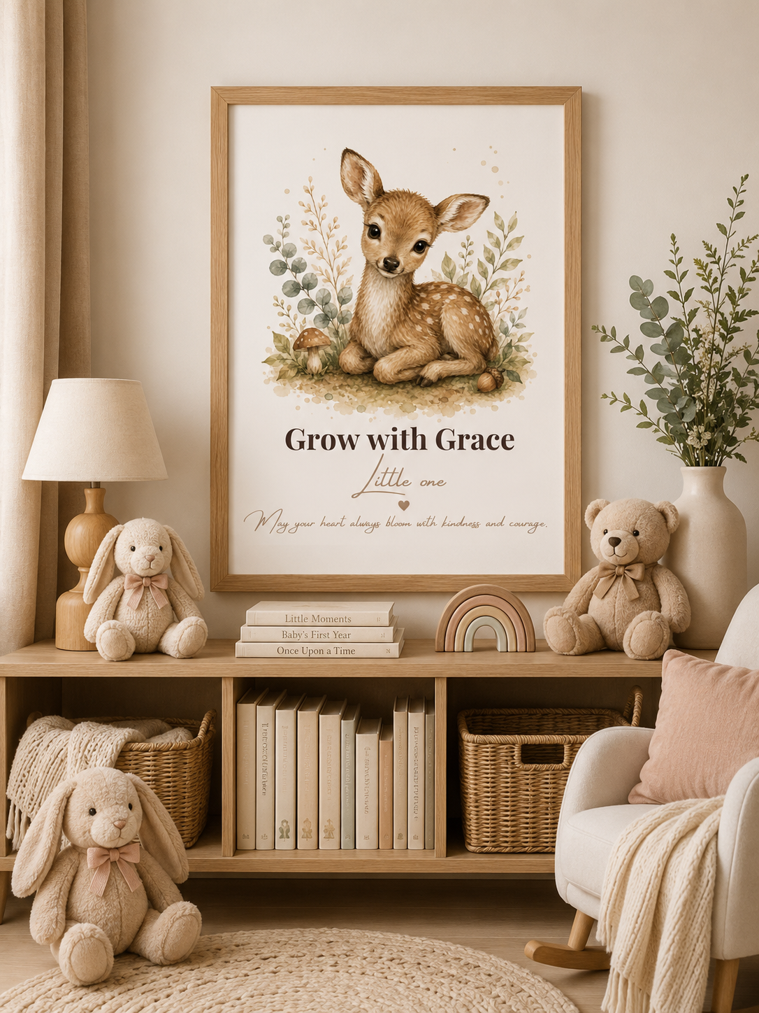 Watercolour baby deer nursery print featuring the quote “Grow with Grace Little One”, neutral woodland nursery wall art by Little Dreams Co.