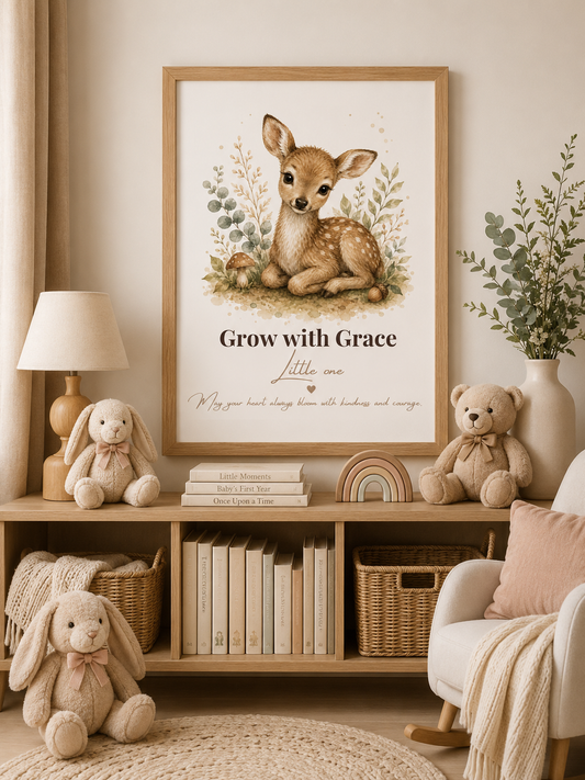Watercolour baby deer nursery print featuring the quote “Grow with Grace Little One”, neutral woodland nursery wall art by Little Dreams Co.