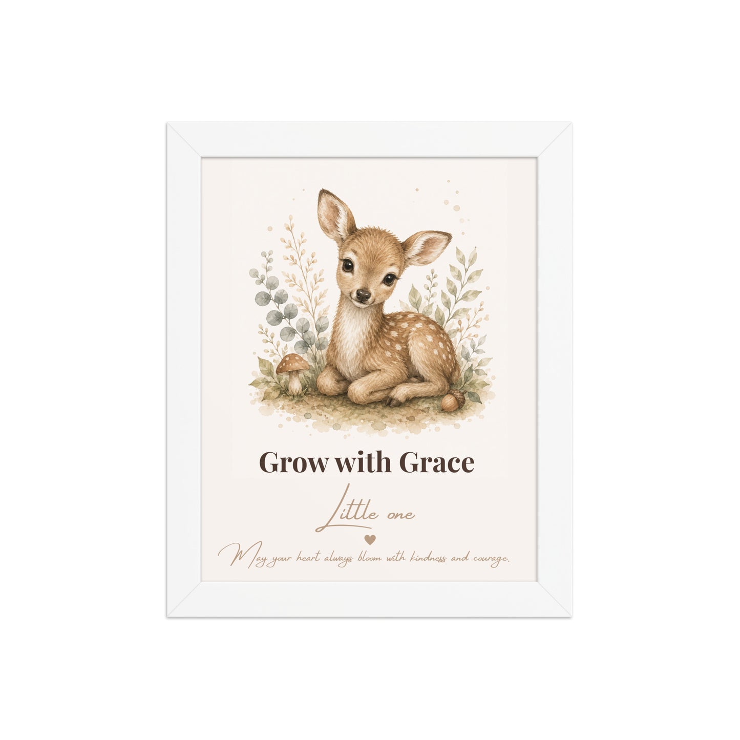 A framed nursery art print featuring a watercolor illustration of a baby deer fawn sitting in a field, with the text 'Grow with Grace Little one' and a quote below, set against a clean white background.