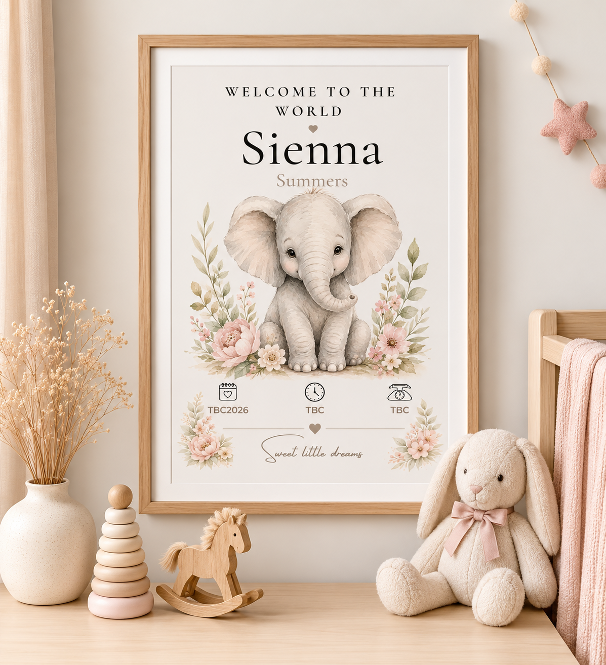 Personalised elephant birth stat print in neutral nursery with oak frame 