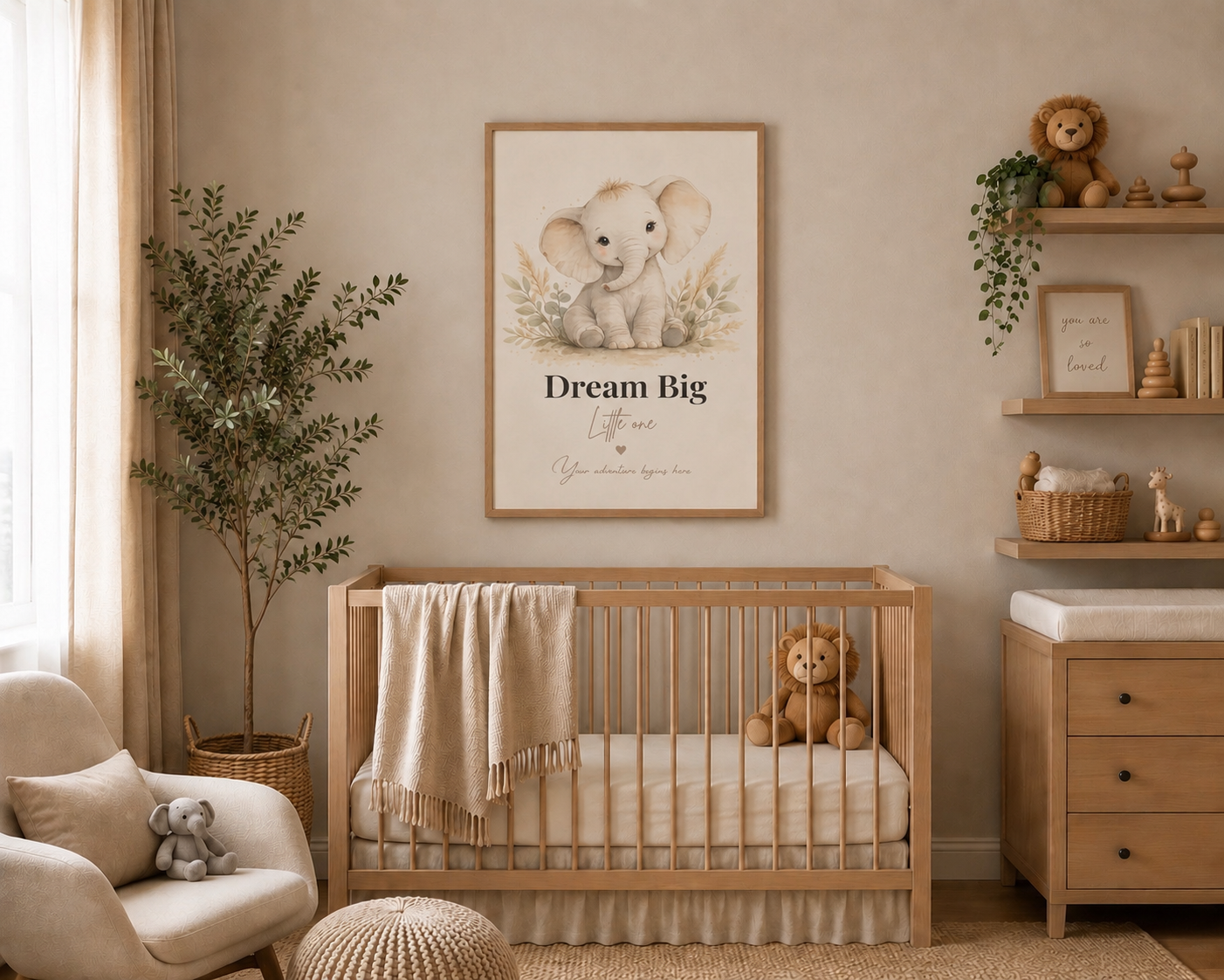 Elegant elephant nursery framed print In a neutral nursery 