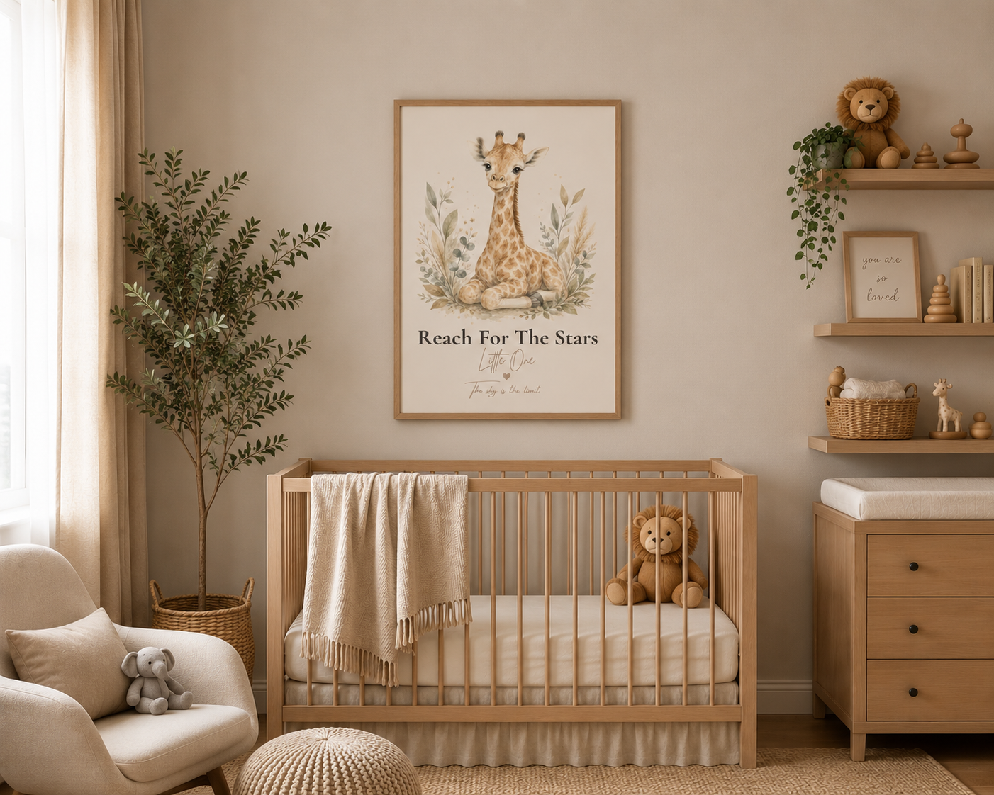 Neutral nursery with framed giraffe print on the wall 