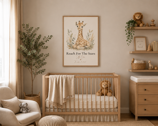 Neutral nursery with framed giraffe print on the wall 